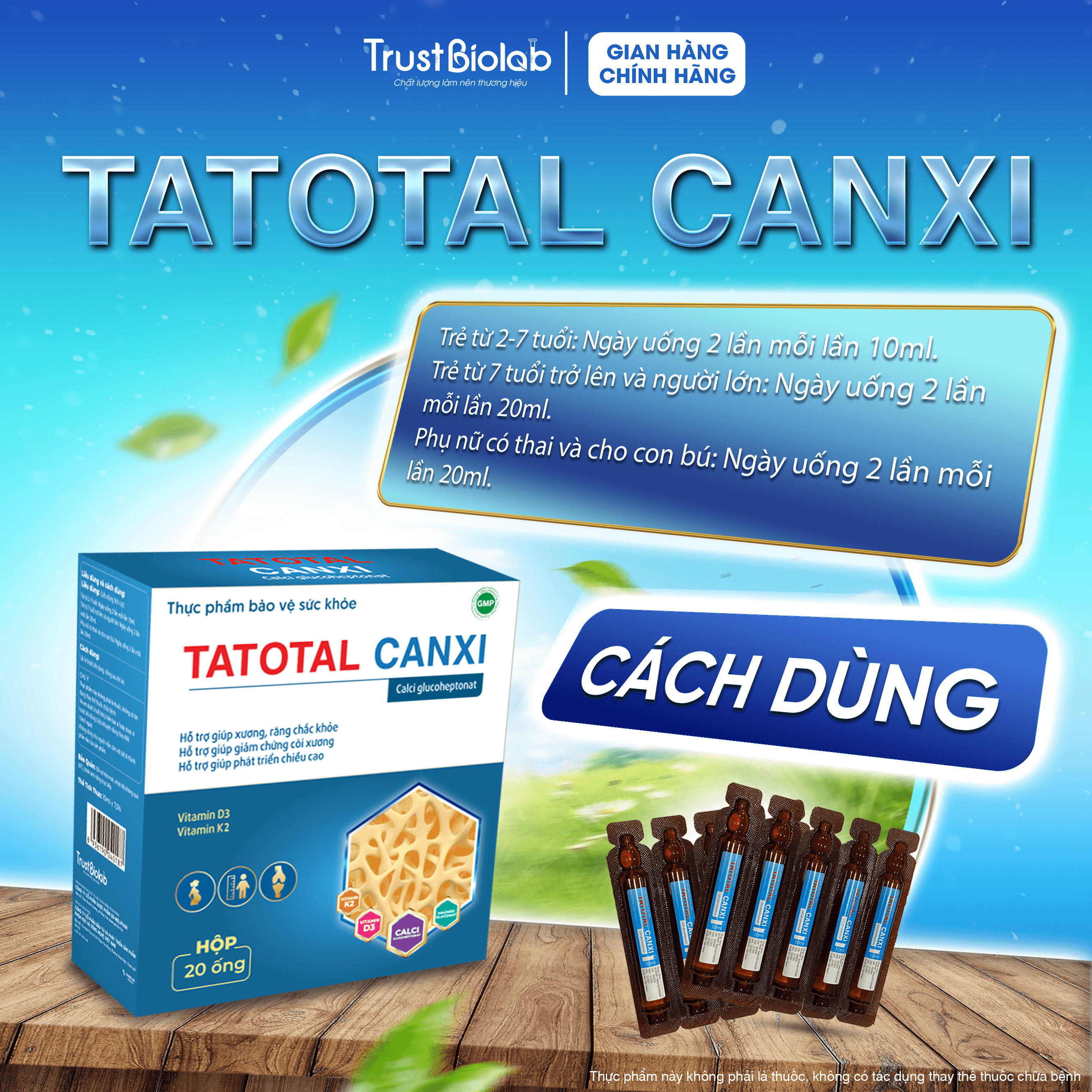 TPBVSK Canxi hữu cơ Tatotal Canxi Glucoheptonat, Vitamin D3, Vitamin K2, Magnesi gluconate Bổ sung canxi, Vitamin D3 1000IU, Vitamin K2 100mcg và khoáng chất giúp hỗ trợ xương, răng chắc khỏe, giúp giảm chứng còi xương và giúp phát triển chiều cao. TPBVSK Canxi hữu cơ Tatotal Canxi Glucoheptonat, Vitamin D3, Vitamin K2, Magnesi gluconate Bổ sung canxi, Vitamin D3 1000IU, Vitamin K2 100mcg và khoáng chất giúp hỗ trợ xương, răng chắc khỏe, giúp giảm chứng còi xương và giúp phát triển chiều cao.
