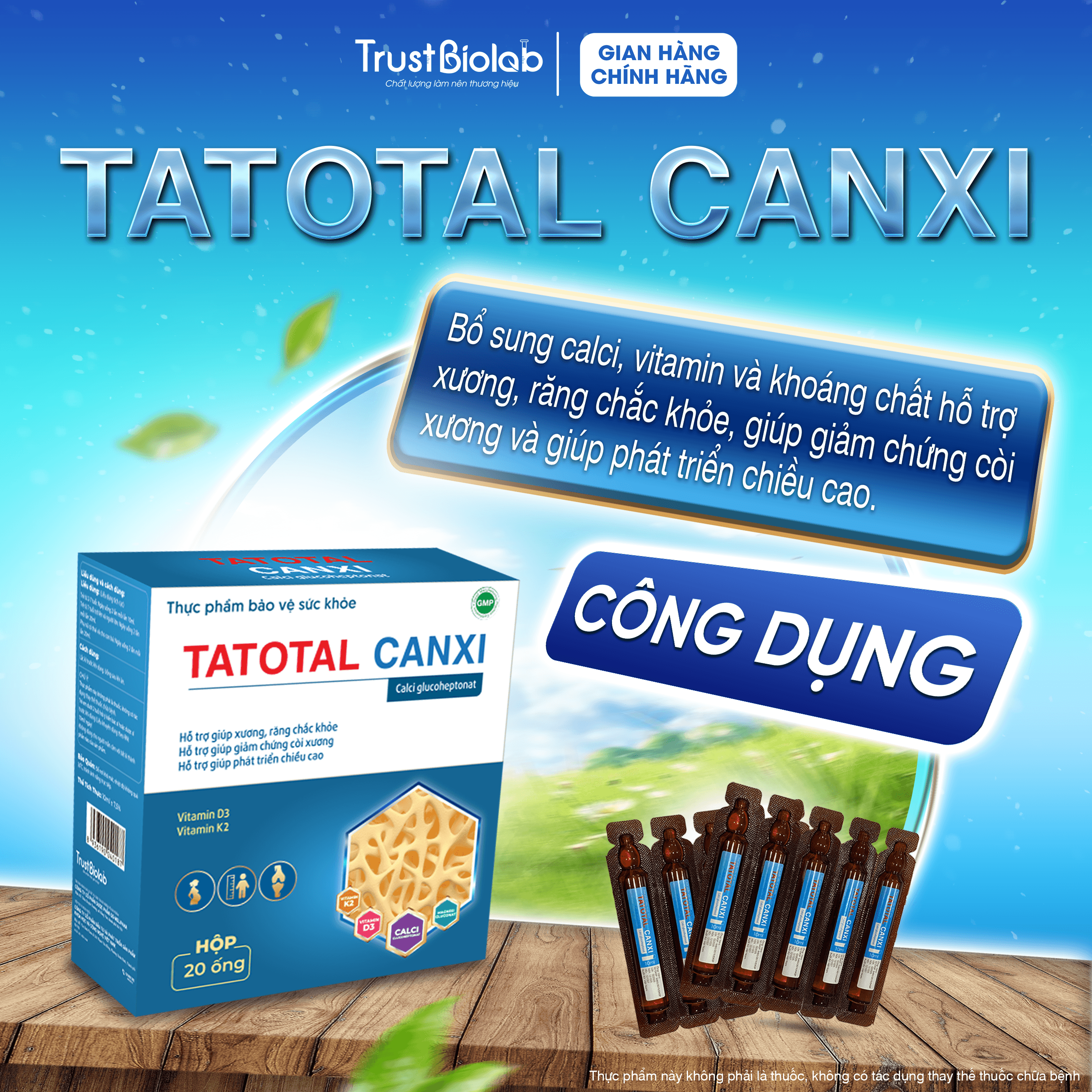 TPBVSK Canxi hữu cơ Tatotal Canxi Glucoheptonat, Vitamin D3, Vitamin K2, Magnesi gluconate Bổ sung canxi, Vitamin D3 1000IU, Vitamin K2 100mcg và khoáng chất giúp hỗ trợ xương, răng chắc khỏe, giúp giảm chứng còi xương và giúp phát triển chiều cao. TPBVSK Canxi hữu cơ Tatotal Canxi Glucoheptonat, Vitamin D3, Vitamin K2, Magnesi gluconate Bổ sung canxi, Vitamin D3 1000IU, Vitamin K2 100mcg và khoáng chất giúp hỗ trợ xương, răng chắc khỏe, giúp giảm chứng còi xương và giúp phát triển chiều cao.