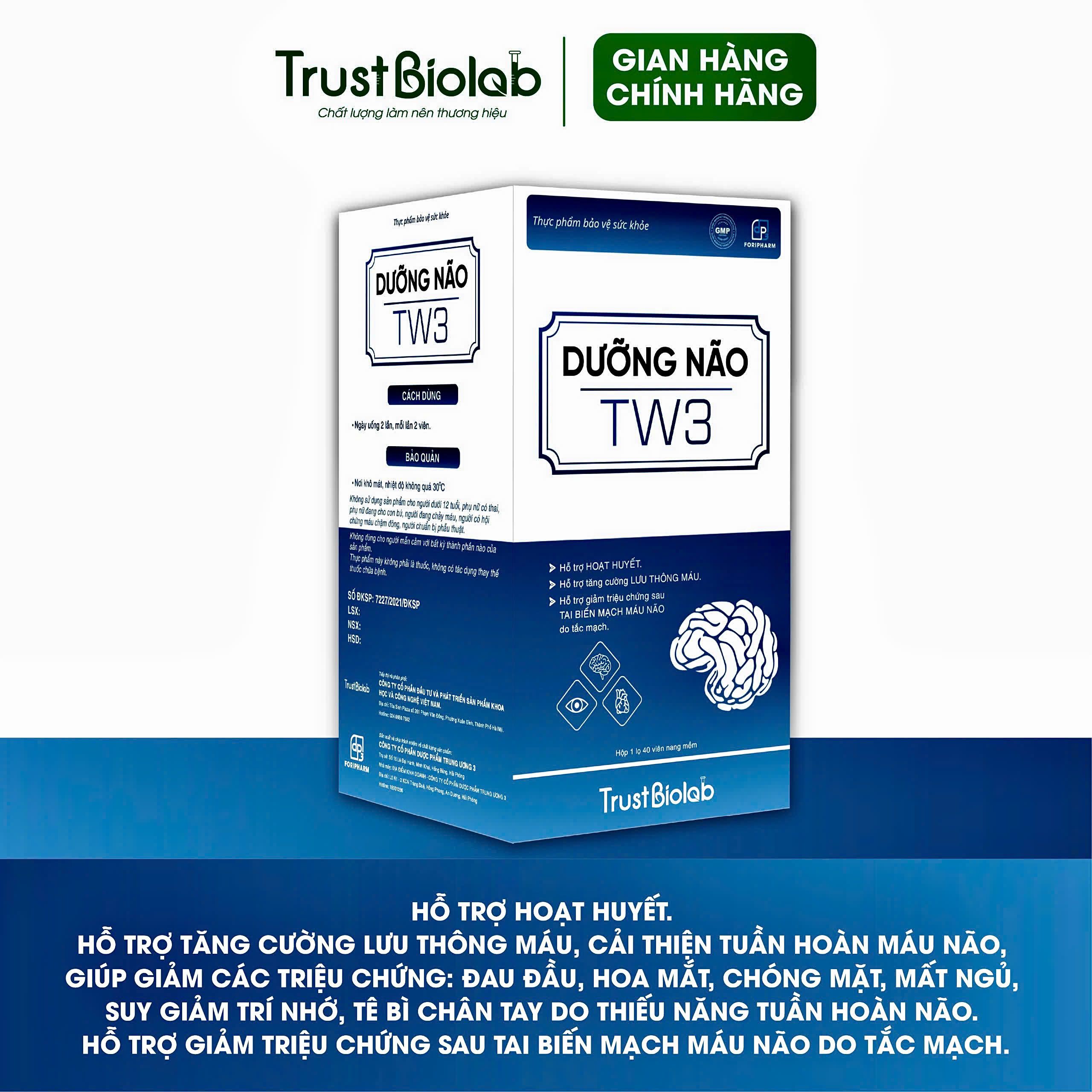 TPBVSK Dưỡng Não TW3 Hỗ trợ hoạt huyết, tăng cường lưu thông máu, cải thiện tuần hoàn máu não giảm các triệu chứng: Đau đầu, hoa mắt, chóng mặt, mất ngủ, suy giảm trí nhớ, tê bì chân tay, hỗ trợ giảm triệu chứng sau tai biến mạch máu não do tắc mạch. TPBVSK Dưỡng Não TW3 Hỗ trợ hoạt huyết, tăng cường lưu thông máu, cải thiện tuần hoàn máu não giảm các triệu chứng: Đau đầu, hoa mắt, chóng mặt, mất ngủ, suy giảm trí nhớ, tê bì chân tay, hỗ trợ giảm triệu chứng sau tai biến mạch máu não do tắc mạch.