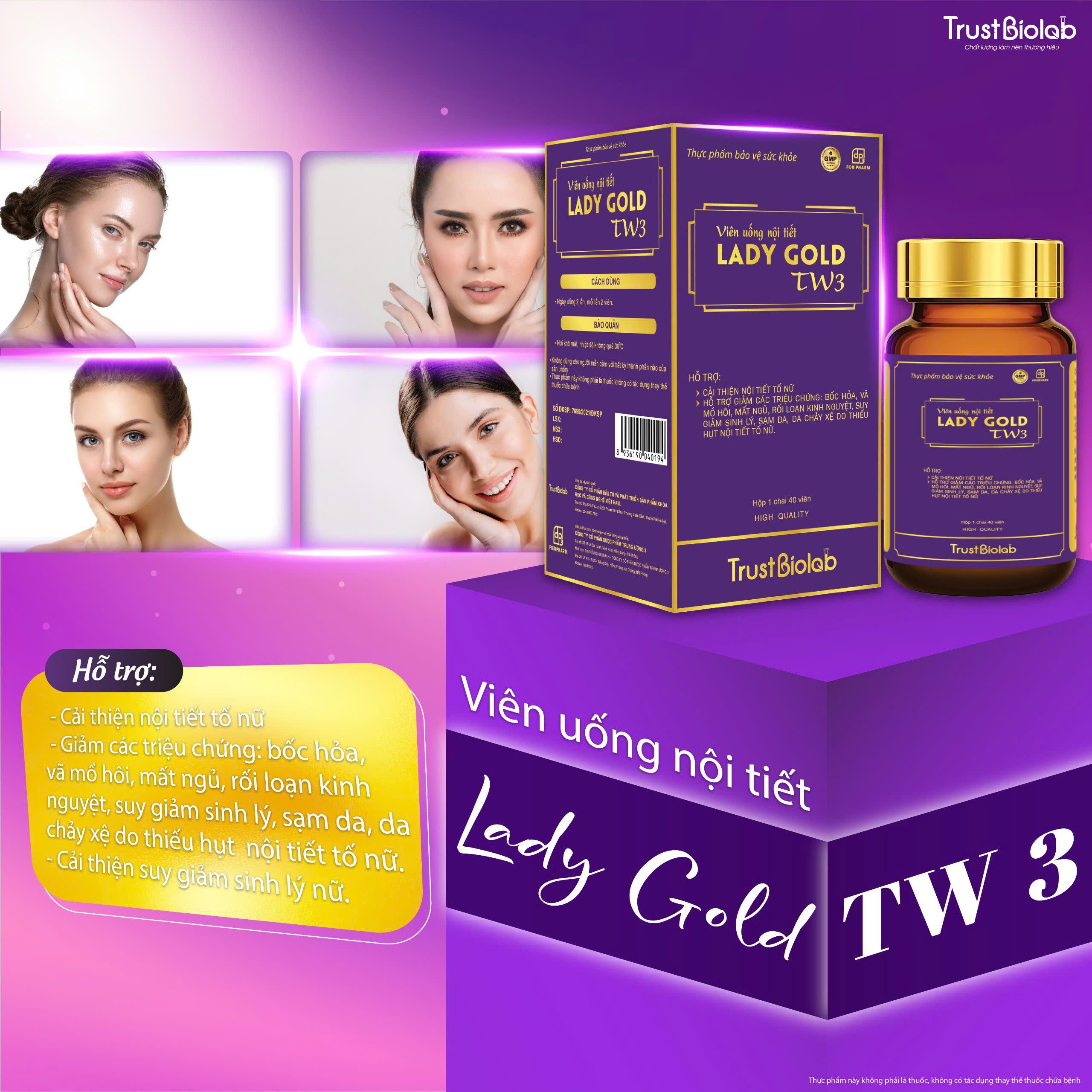 TPBVSK Viên uống nội tiết Dược phẩm Trung ương 3 LADY Gold TW3 Hỗ trợ cải thiện nội tiết tố nữ; Hỗ trợ giảm các triệu chứng: Khô hạn, bốc hỏa, vã mồ hôi, mất ngủ, rối loạn kinh nguyệt, sạm da, da chảy xệ do thiếu hụt nội tiết tố nữ; Hỗ trợ cải thiện sinh lý nữ TPBVSK Viên uống nội tiết Dược phẩm Trung ương 3 LADY Gold TW3 Hỗ trợ cải thiện nội tiết tố nữ; Hỗ trợ giảm các triệu chứng: Khô hạn, bốc hỏa, vã mồ hôi, mất ngủ, rối loạn kinh nguyệt, sạm da, da chảy xệ do thiếu hụt nội tiết tố nữ; Hỗ trợ cải thiện sinh lý nữ