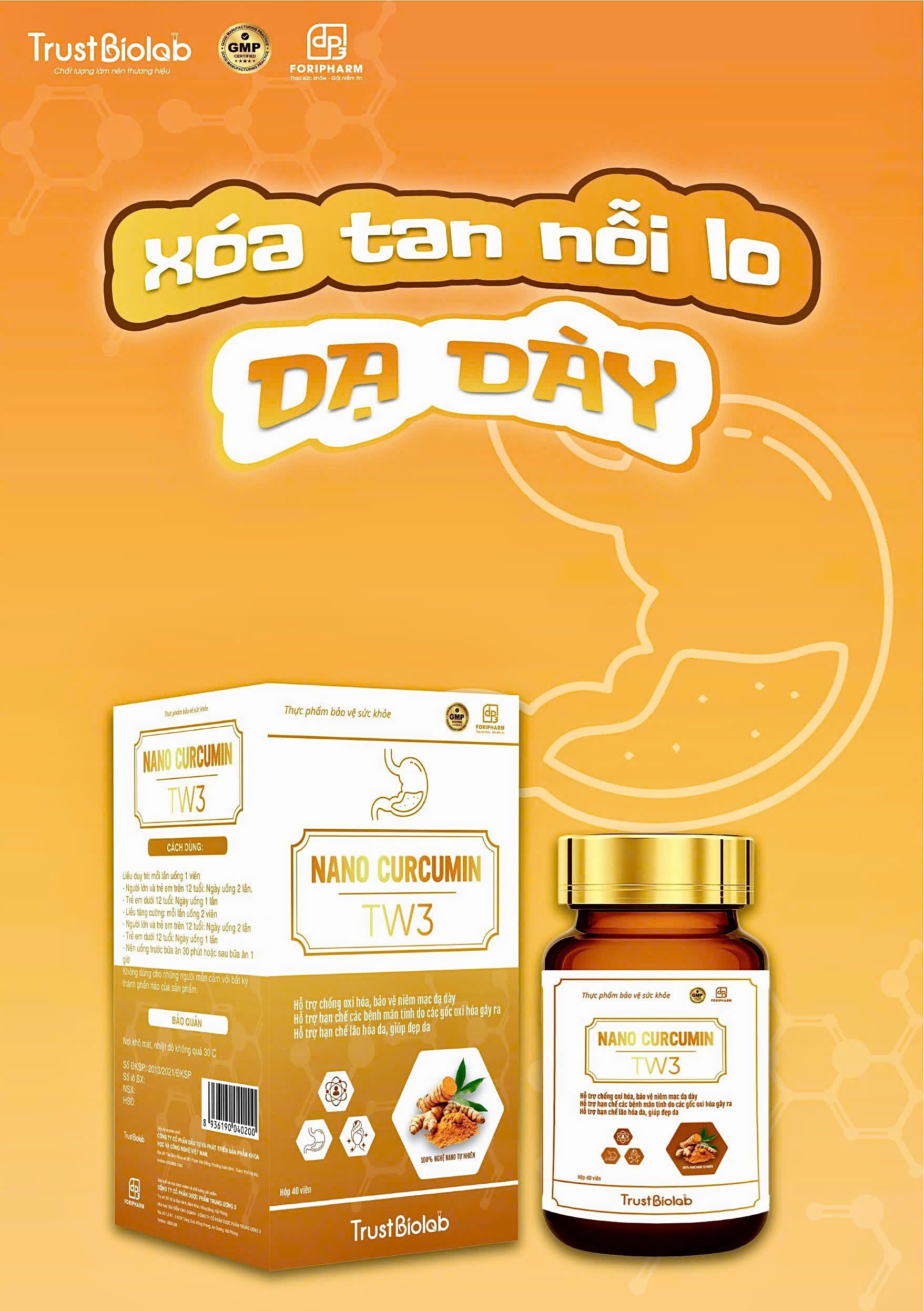 TPBVSK Nanocurcumin Dược phẩm Trung ương 3 TW3 Hỗ trợ chống oxi hoá, bảo vệ niêm mạc dạ dày, hỗ trợ làm lành vết loét, giảm các triệu chứng viêm loét dạ dày, tá tràng; Hỗ trợ hạn chế mắc các bệnh mạn tính do các gốc oxi hóa gây ra; Hỗ trợ hạn chế lão hóa da, giúp đẹp da TPBVSK Nanocurcumin Dược phẩm Trung ương 3 TW3 Hỗ trợ chống oxi hoá, bảo vệ niêm mạc dạ dày, hỗ trợ làm lành vết loét, giảm các triệu chứng viêm loét dạ dày, tá tràng; Hỗ trợ hạn chế mắc các bệnh mạn tính do các gốc oxi hóa gây ra; Hỗ trợ hạn chế lão hóa da, giúp đẹp da