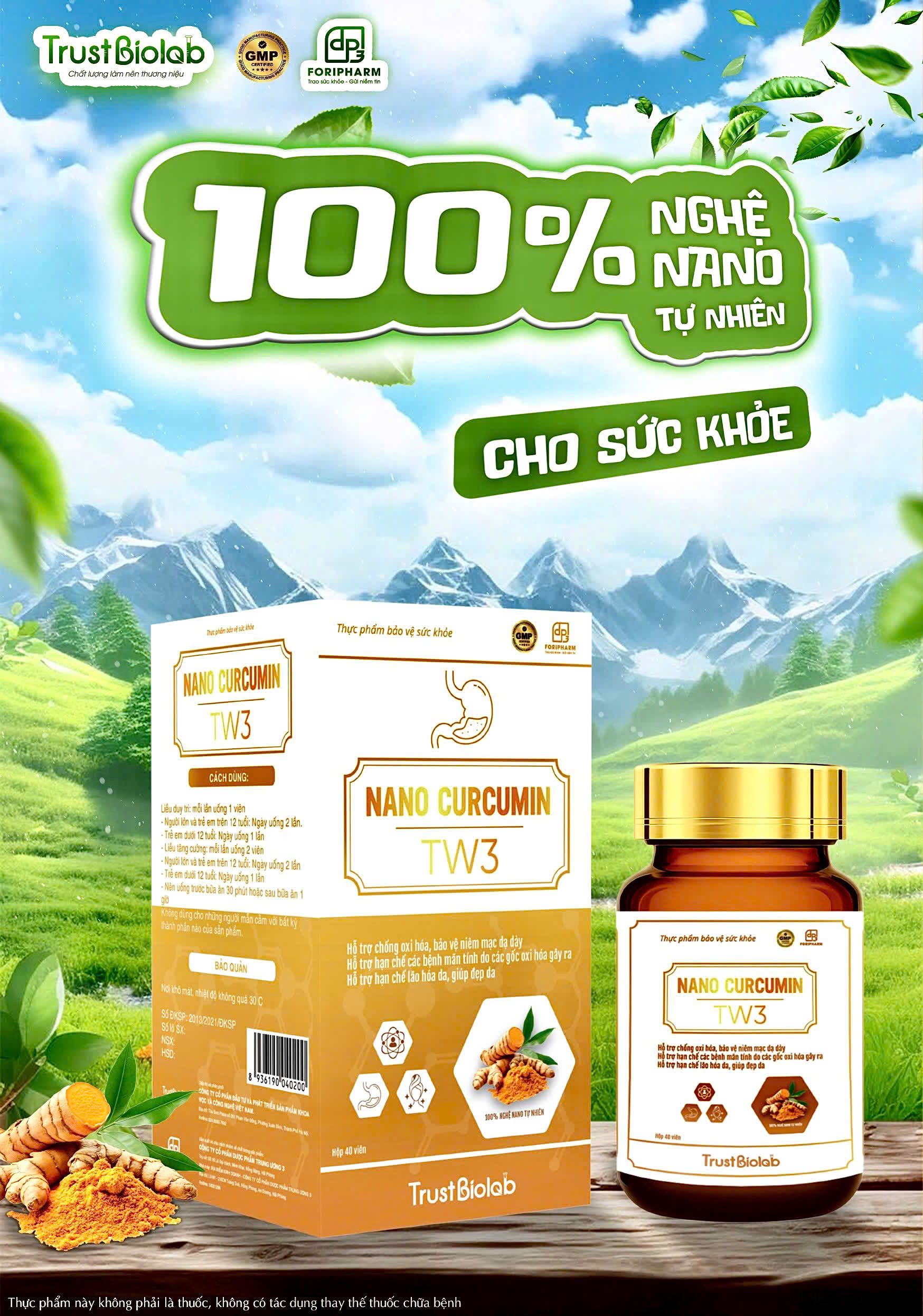 TPBVSK Nanocurcumin Dược phẩm Trung ương 3 TW3 Hỗ trợ chống oxi hoá, bảo vệ niêm mạc dạ dày, hỗ trợ làm lành vết loét, giảm các triệu chứng viêm loét dạ dày, tá tràng; Hỗ trợ hạn chế mắc các bệnh mạn tính do các gốc oxi hóa gây ra; Hỗ trợ hạn chế lão hóa da, giúp đẹp da TPBVSK Nanocurcumin Dược phẩm Trung ương 3 TW3 Hỗ trợ chống oxi hoá, bảo vệ niêm mạc dạ dày, hỗ trợ làm lành vết loét, giảm các triệu chứng viêm loét dạ dày, tá tràng; Hỗ trợ hạn chế mắc các bệnh mạn tính do các gốc oxi hóa gây ra; Hỗ trợ hạn chế lão hóa da, giúp đẹp da