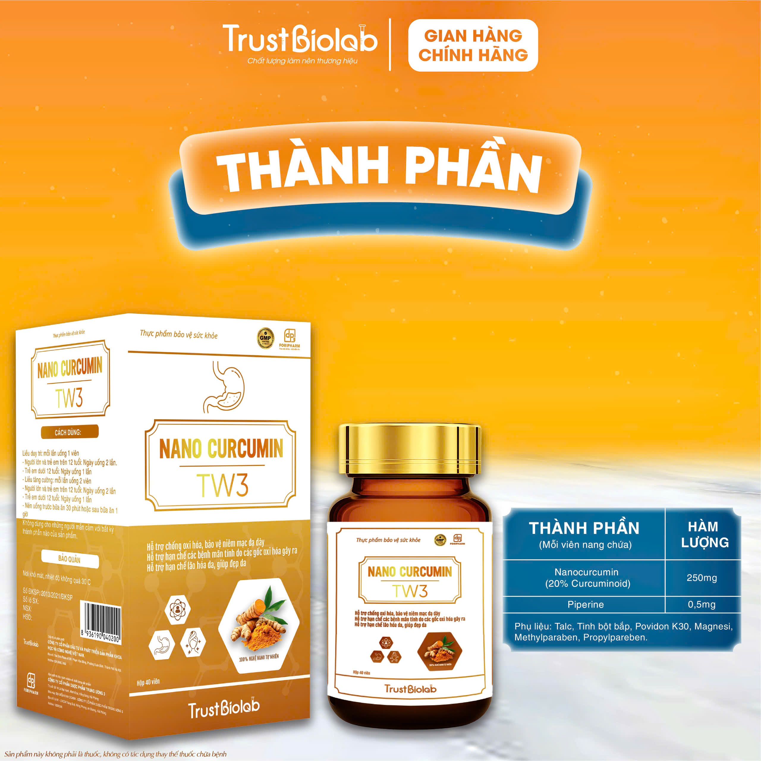 TPBVSK Nanocurcumin Dược phẩm Trung ương 3 TW3 Hỗ trợ chống oxi hoá, bảo vệ niêm mạc dạ dày, hỗ trợ làm lành vết loét, giảm các triệu chứng viêm loét dạ dày, tá tràng; Hỗ trợ hạn chế mắc các bệnh mạn tính do các gốc oxi hóa gây ra; Hỗ trợ hạn chế lão hóa da, giúp đẹp da TPBVSK Nanocurcumin Dược phẩm Trung ương 3 TW3 Hỗ trợ chống oxi hoá, bảo vệ niêm mạc dạ dày, hỗ trợ làm lành vết loét, giảm các triệu chứng viêm loét dạ dày, tá tràng; Hỗ trợ hạn chế mắc các bệnh mạn tính do các gốc oxi hóa gây ra; Hỗ trợ hạn chế lão hóa da, giúp đẹp da
