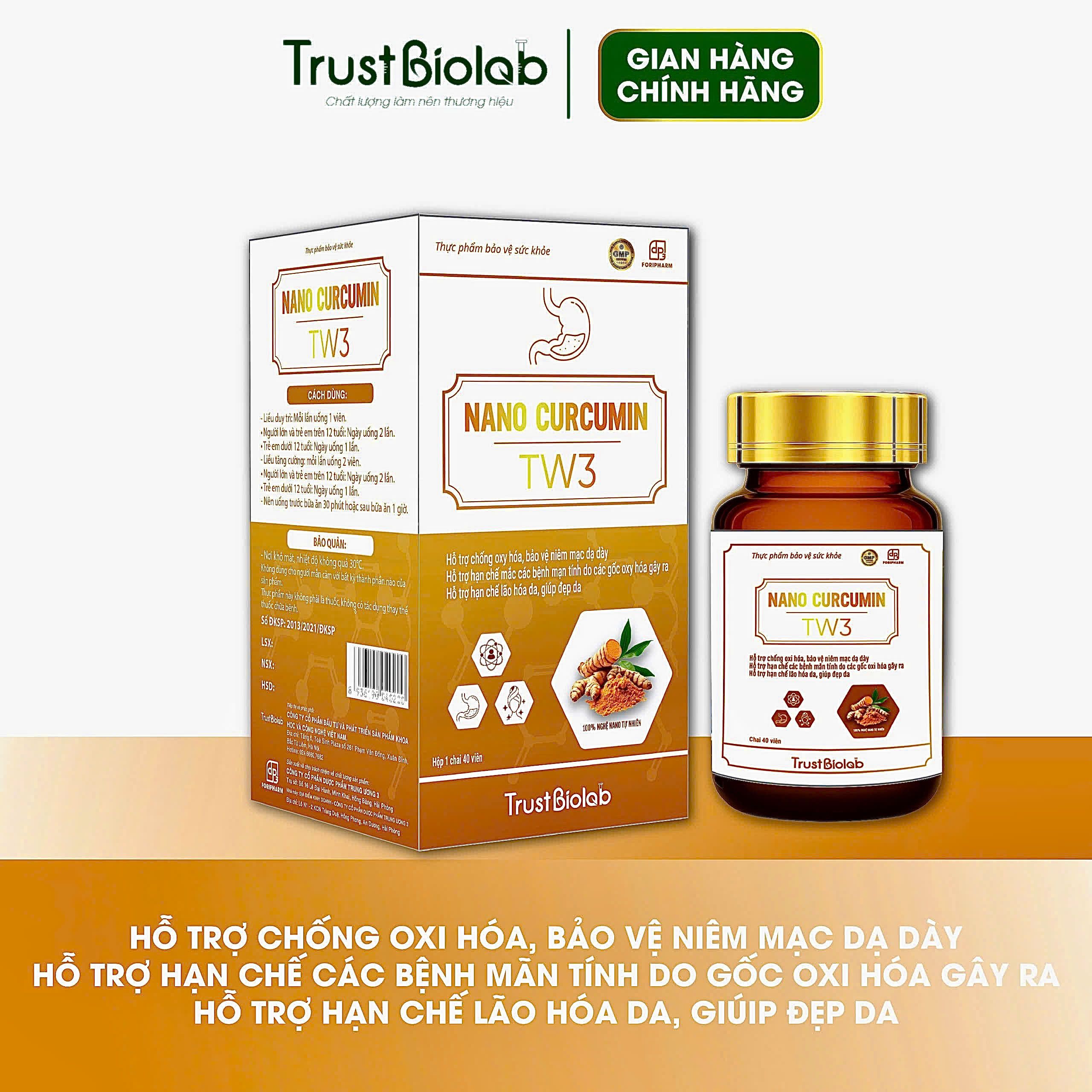 TPBVSK Nanocurcumin Dược phẩm Trung ương 3 TW3 Hỗ trợ chống oxi hoá, bảo vệ niêm mạc dạ dày, hỗ trợ làm lành vết loét, giảm các triệu chứng viêm loét dạ dày, tá tràng; Hỗ trợ hạn chế mắc các bệnh mạn tính do các gốc oxi hóa gây ra; Hỗ trợ hạn chế lão hóa da, giúp đẹp da TPBVSK Nanocurcumin Dược phẩm Trung ương 3 TW3 Hỗ trợ chống oxi hoá, bảo vệ niêm mạc dạ dày, hỗ trợ làm lành vết loét, giảm các triệu chứng viêm loét dạ dày, tá tràng; Hỗ trợ hạn chế mắc các bệnh mạn tính do các gốc oxi hóa gây ra; Hỗ trợ hạn chế lão hóa da, giúp đẹp da