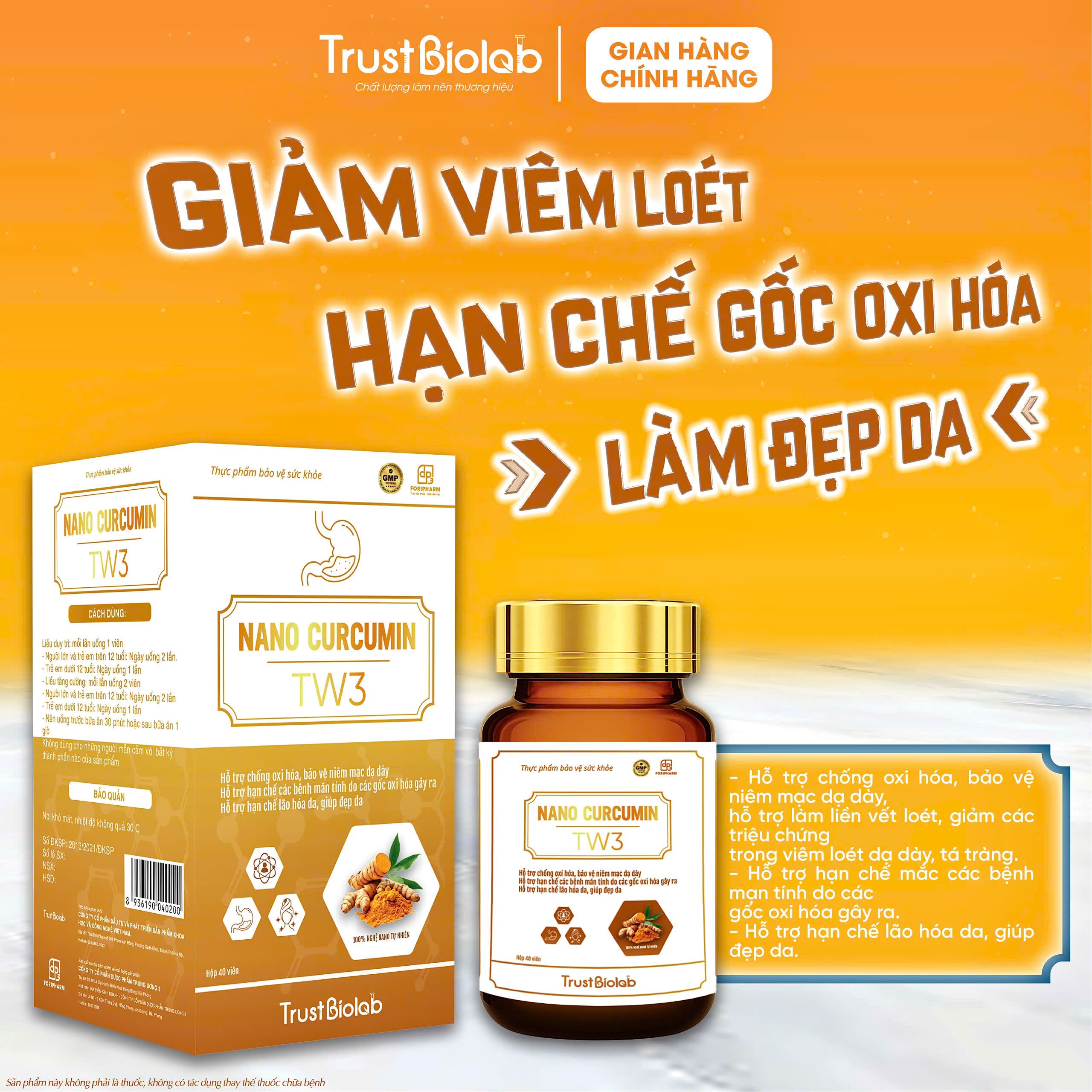 TPBVSK Nanocurcumin Dược phẩm Trung ương 3 TW3 Hỗ trợ chống oxi hoá, bảo vệ niêm mạc dạ dày, hỗ trợ làm lành vết loét, giảm các triệu chứng viêm loét dạ dày, tá tràng; Hỗ trợ hạn chế mắc các bệnh mạn tính do các gốc oxi hóa gây ra; Hỗ trợ hạn chế lão hóa da, giúp đẹp da TPBVSK Nanocurcumin Dược phẩm Trung ương 3 TW3 Hỗ trợ chống oxi hoá, bảo vệ niêm mạc dạ dày, hỗ trợ làm lành vết loét, giảm các triệu chứng viêm loét dạ dày, tá tràng; Hỗ trợ hạn chế mắc các bệnh mạn tính do các gốc oxi hóa gây ra; Hỗ trợ hạn chế lão hóa da, giúp đẹp da